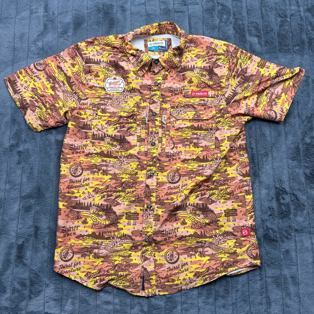 Magellan Outdoors Shiner Bock Beer Fishing Shirt Mens Medium Fish Gear Adventure
